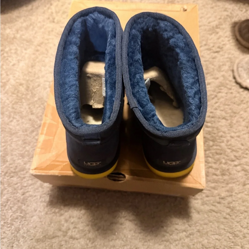 UGG Men's classic mini Navy Suede Boots with Bright Yellow Sole